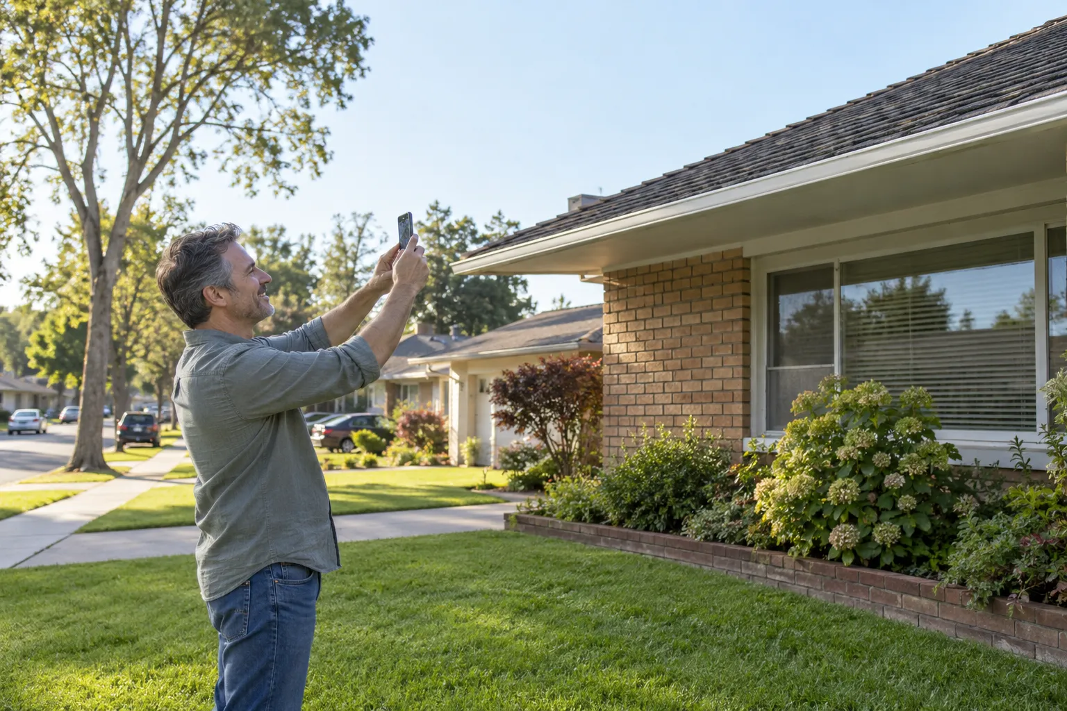 Homeowner photographing roof shingles from the yard in the Woodside area