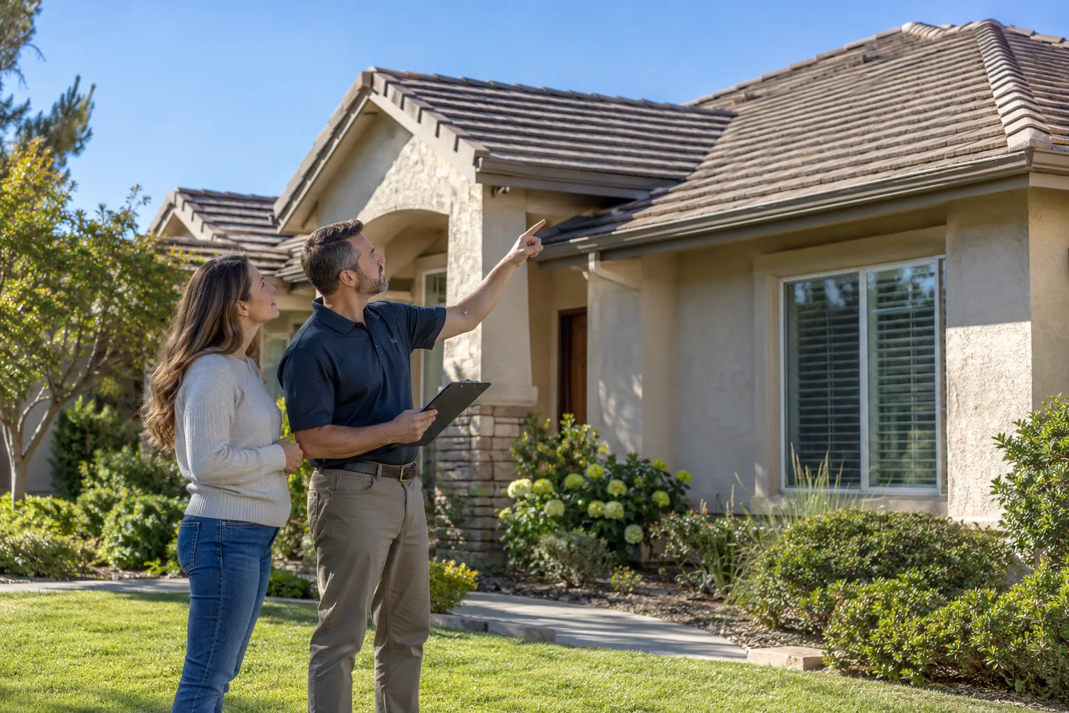 A stucco ranch home with a roof being inspected from the ground in Woodside