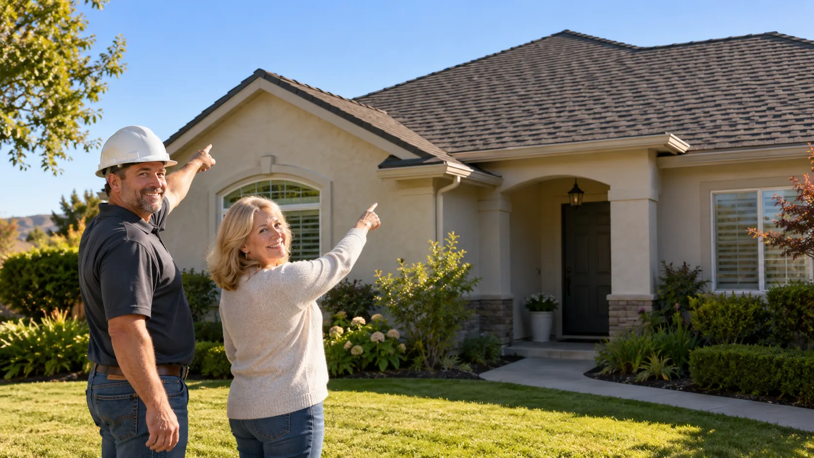 A friendly local provider and a homeowner looking at a new roof on a single-story stucco home in the Woodside area