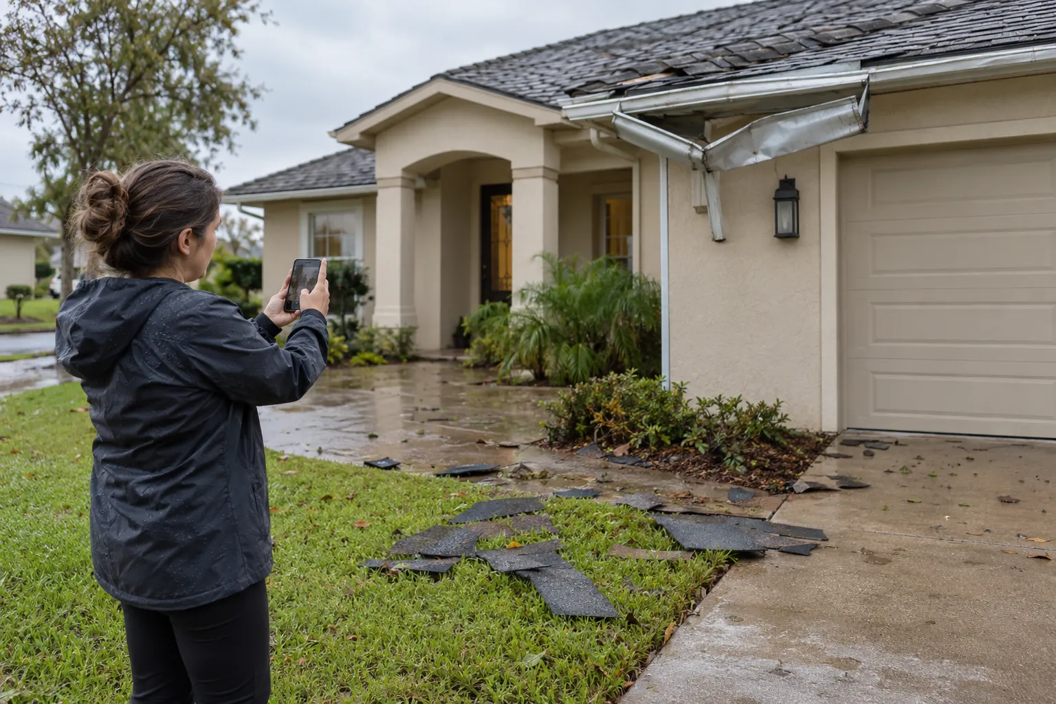 Homeowner checking a storm-damaged roof from the yard of a stucco ranch home in Woodside